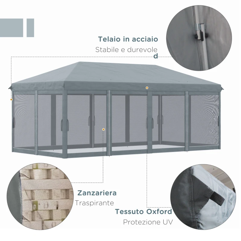 Outsunny Gazebo da Giardino Pieghevole 6x3 m con 6 Zanzariere e Pulsante, in Acciaio e Poliestere, Grigio