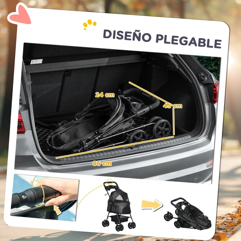 PawHut Carrito para Perros Plegable con Ruedas Universales Cesta de Almacenaje Ventanas de Malla y Bandeja 67x45x96 cm Negro