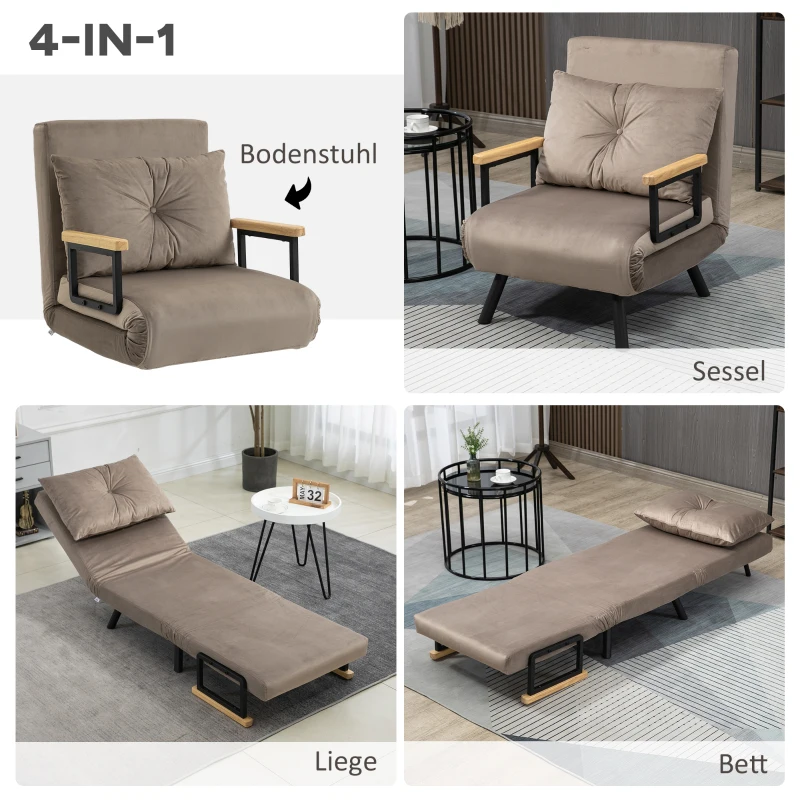 HOMCOM Schlafsessel, Gästebett, verstellbare Rückenlehne, bis 120 kg, Stahllrahmen, 63x73x81cm, Hellbraun(m-4)