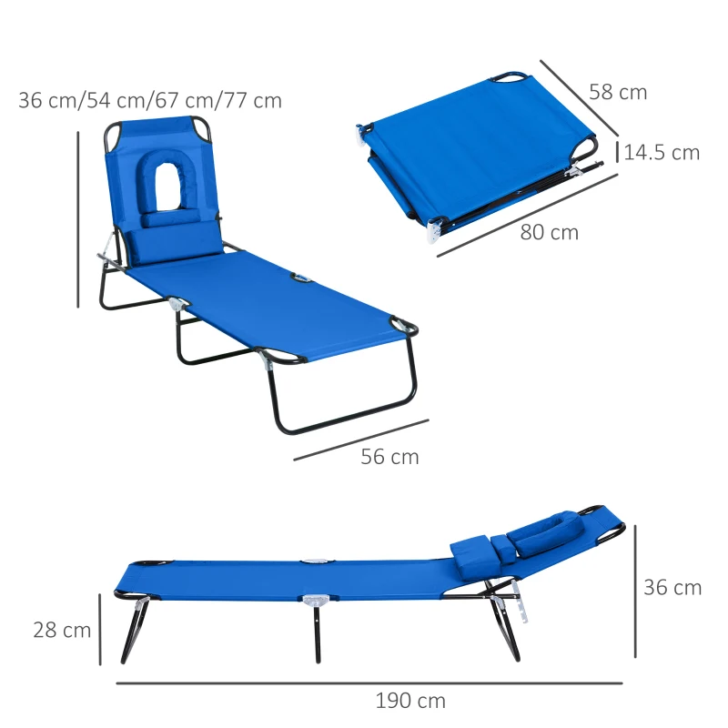Outsunny Sonnenliege klappbar Gartenliege mit Kopfkissen Liegestuhl mit 4-Fach verstellbare Rückenlehne Campingliege mit Lesefenster Gartenstuhl bis 120kg belastbar für Garten, Balkon geeignet Blau