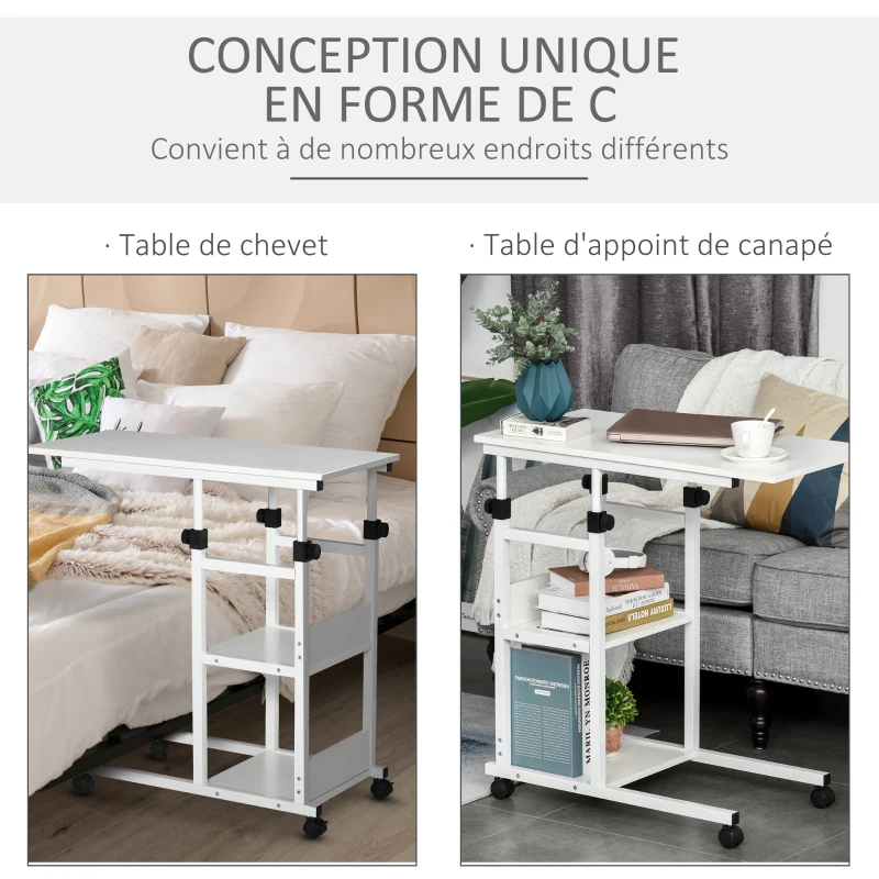 HOMCOM Table d'appoint Bout de canapé Table roulante Table de Lit pour Ordinateur Portable Hauteur réglable - 2 étagères intégrées - cadre métal Blanc