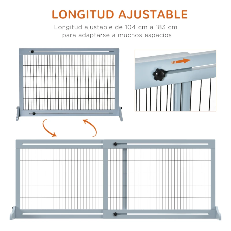 PawHut Barrera de Seguridad para Perros Extensible Barrera para Perros en Casa de Madera 104-183x36x69 cm Azul Grisáceo
