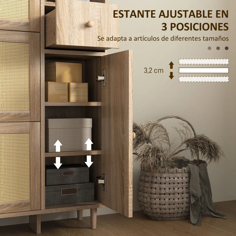HOMCOM Zapatero con 3 Cajones Abatibles con Frentes de Ratán Cajón y Armario para Decoraciones y Llaves 80x23x120 cm Roble