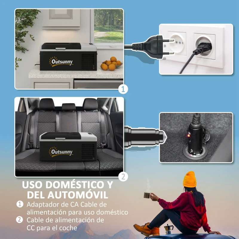 Outsunny Nevera de Coche 16L -20℃-10℃ 12 / 24V DC y 100-240V CA con Modos ECO/MAX para Camping Viajes 60x32x26 cm Negro y Gris