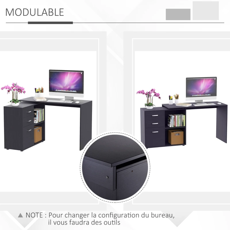 HOMCOM Bureau d'angle bureau droit modulable table de salle à manger 2 en 1 bureau informatique tiroirs x 3 + 2 niches MDF noir