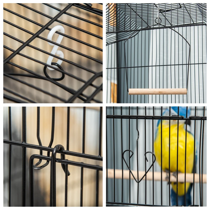 PawHut Jaula para Pájaros Pajarera de Metal con 4 Comederos 3 Perchas Columpio y Bandeja Extraíble 46,5x35,5x92 cm Negro