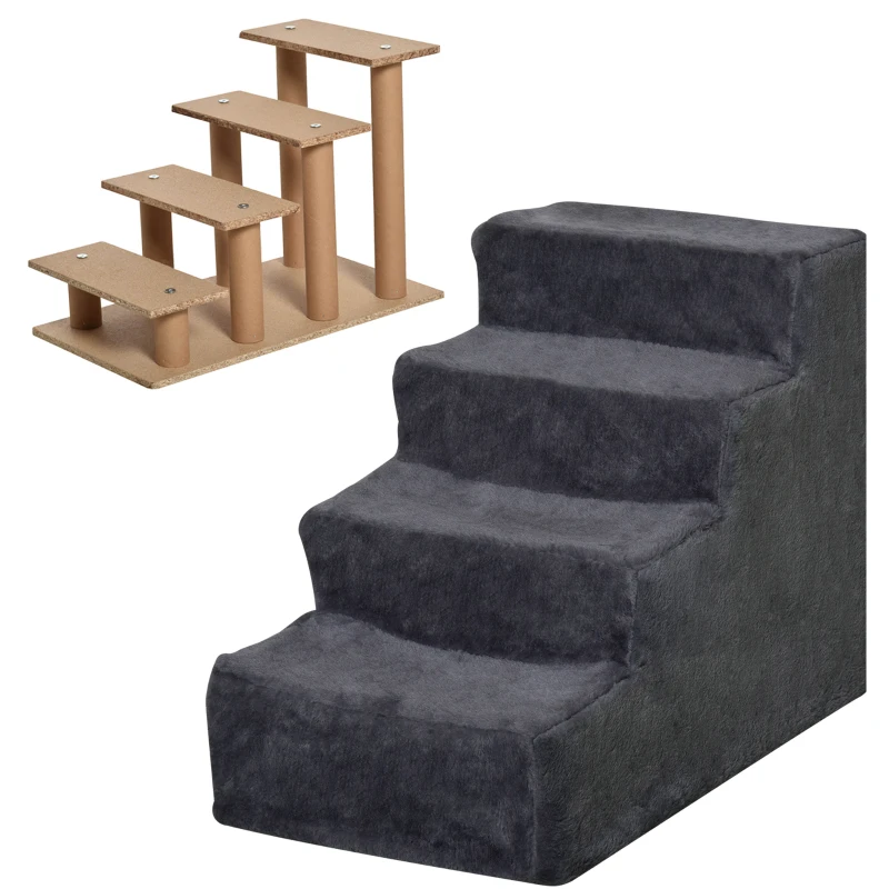 PawHut Escalera para Mascotas de 4 Peldaños con Funda Extraíble y Lavable para Cama Sofá 60x35x44 cm Gris Oscuro