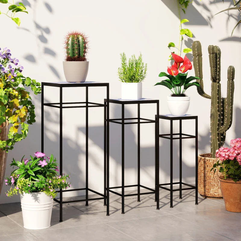 Outsunny Set van 3 Plantenstandaards, 3 Maten Rekken voor het Presenteren van Bloemen en Overige Objecten, Blauw+Wit