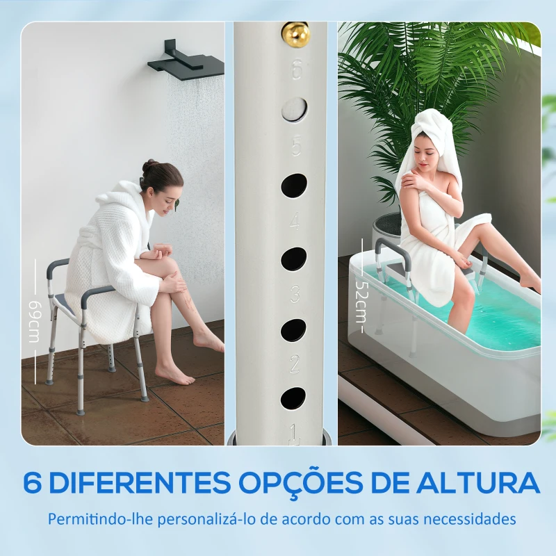 HOMCOM Banco de Duche com Altura Ajustável Banco de Duche de Alumínio Antiderrapante para Idosos e Descapacitados 52x45x57-69 cm Cinza