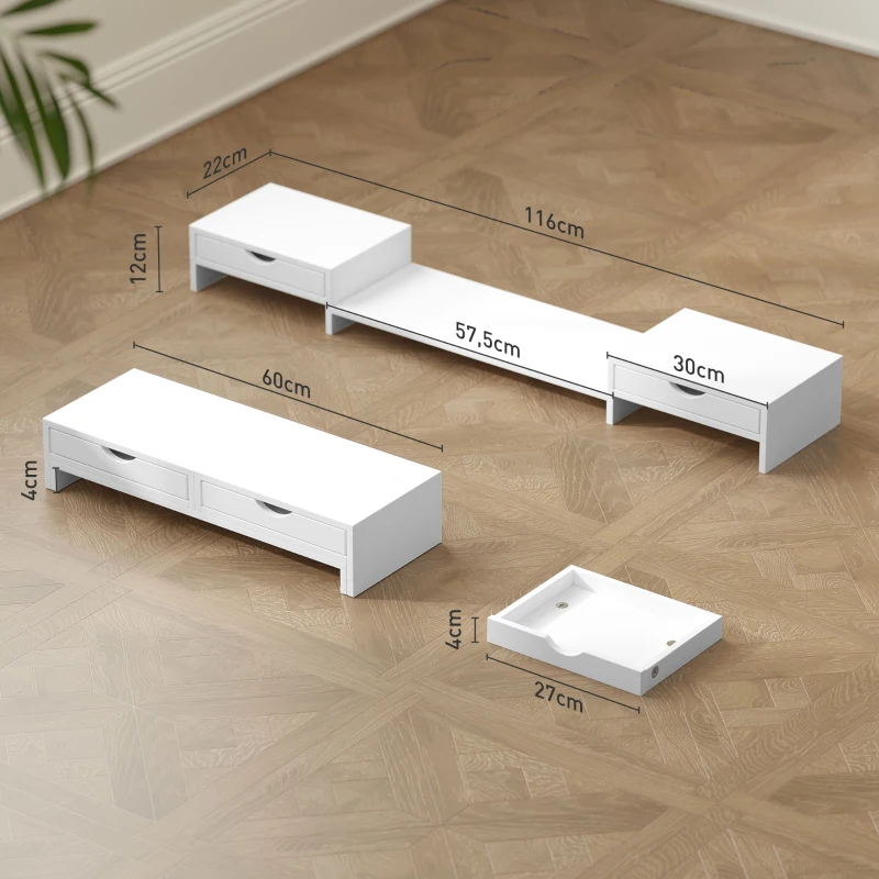 HOMCOM Elevador Monitor Ángulo y Longitud Ajustable con 2 Cajones para Portátil Computadora PC 60-116x22x12 cm Blanco