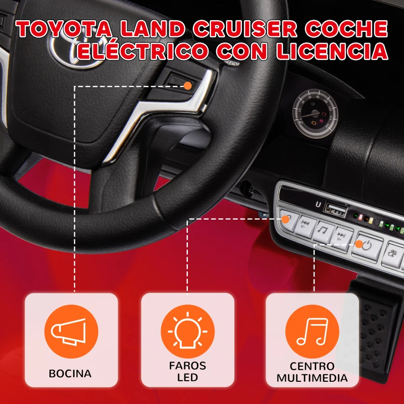AIYAPLAY Coche Eléctrico para Niños de +3 Años Toyota LAND CRUISER con Batería 12V Mando a Distancia y Música MP3 Rojo