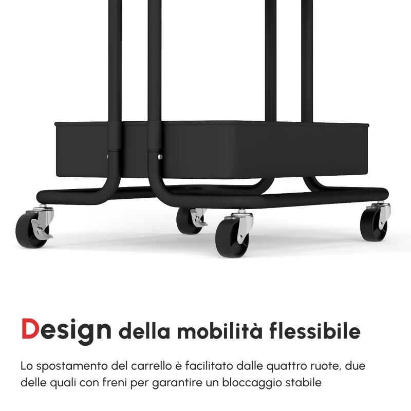 HOMCOM Carrello Cucina Multiuso a 3 Livelli con Cestini e Ganci Rimovibili, Ripiano con 12 Divisori, Nero