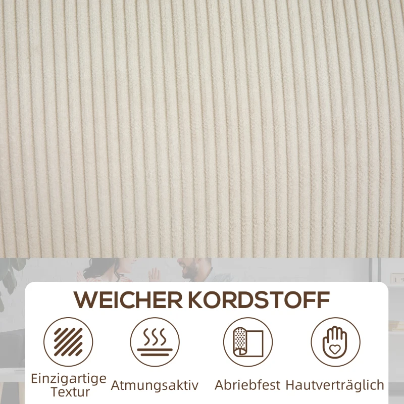 HOMCOM 3-Zitsbank met Corduroy Bekleding, Woonkamerbank met Pocketvering, tot 400 kg, 227 x 84 x 87 cm, Crèmewit