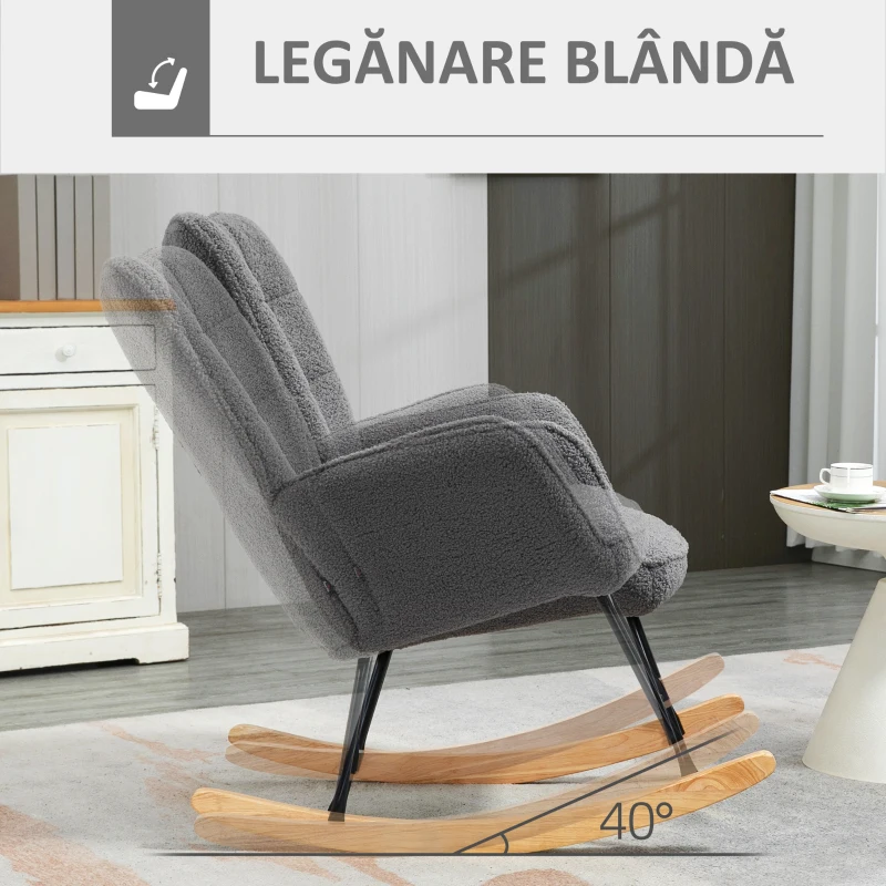 HOMCOM Fotoliu Balansoar Relaxant cu Brațe, Structură din Oțel și Picioare din Lemn de Fag, 71x98x101 cm, Gri Închis