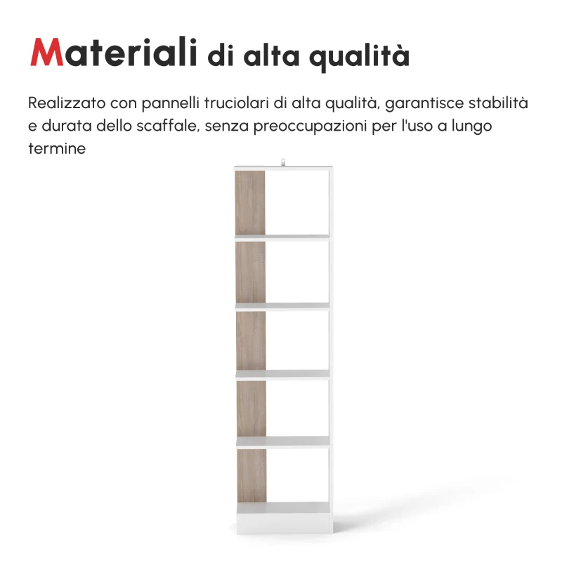 HOMCOM Scaffale Libreria a Parete in Legno Color Rovere e Bianco con 5 Ripiani, Antiribaltamento, 45 x 21 x 170cm