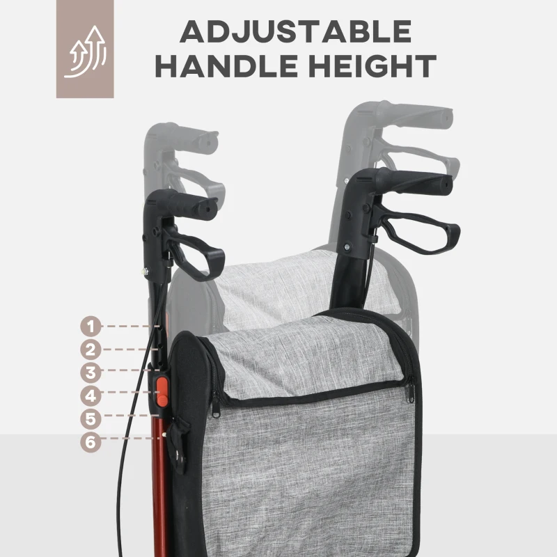 HOMCOM 3-Wheel Foldable Walker with Double Brake, Adjustable Height Aluminum Lightweight and Sturdy 68 x 68 x 99 cm Red