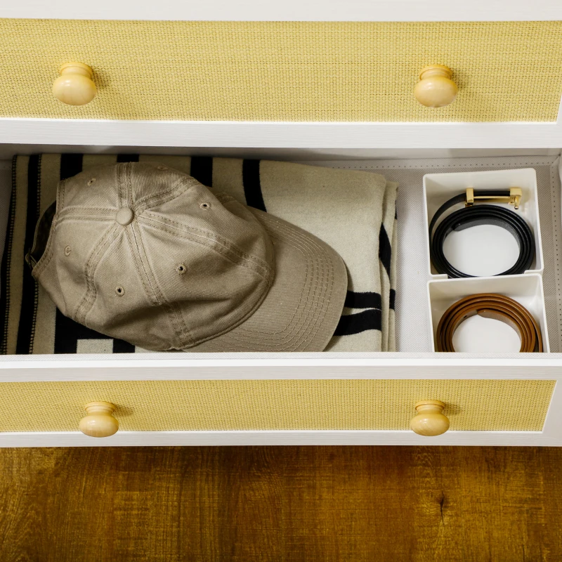 HOMCOM Cómoda de Dormitorio de Estilo Cannage Bohemio con 4 Cajones de Tela Plegables para Entrada Salón 62x30x105 cm Blanco