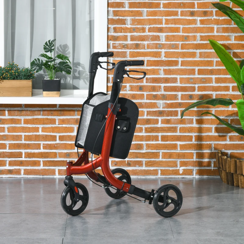HOMCOM 3-Wheel Foldable Walker with Double Brake, Adjustable Height Aluminum Lightweight and Sturdy 68 x 68 x 99 cm Red