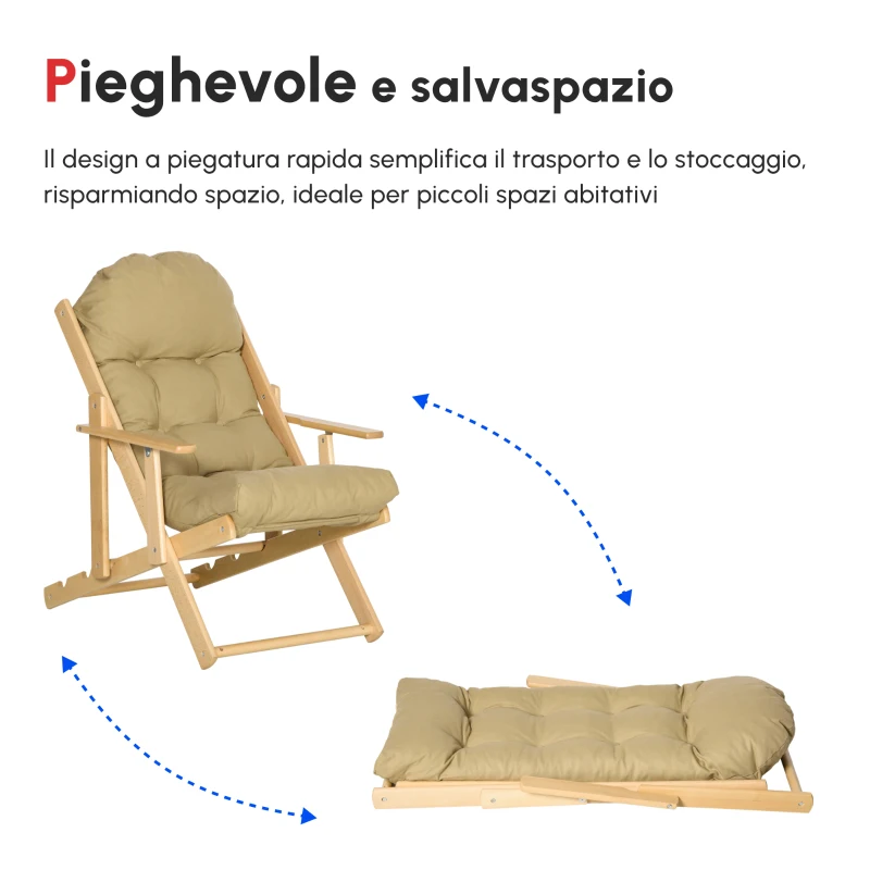 HOMCOM Sedia per Soggiorno Pieghevole con Braccioli e Cuscino, in Legno di Faggio e Tessuto, 71x89x96 cm, Marrone