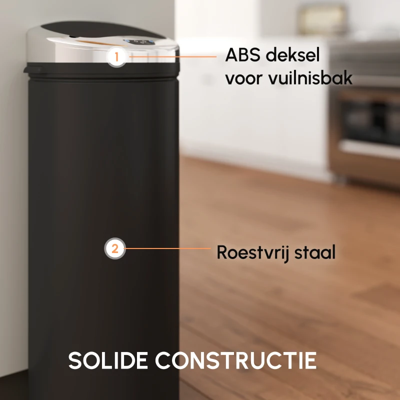 HOMCOM Afvalemmer met Bewegingssensor, roestvrij staal, 30,5 cm x 30,5 cm x 81,5 cm, Zwart