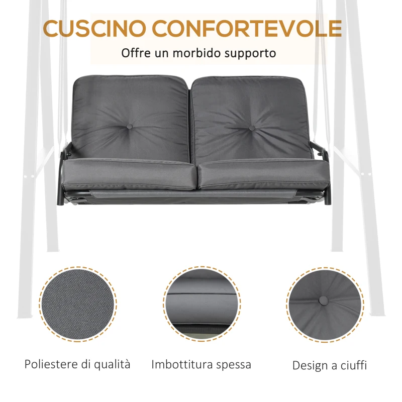 Outsunny Dondolo 2 Posti con Tettuccio Regolabile e Cuscini, in Acciaio e Poliestere, 144x117x173 cm, Grigio