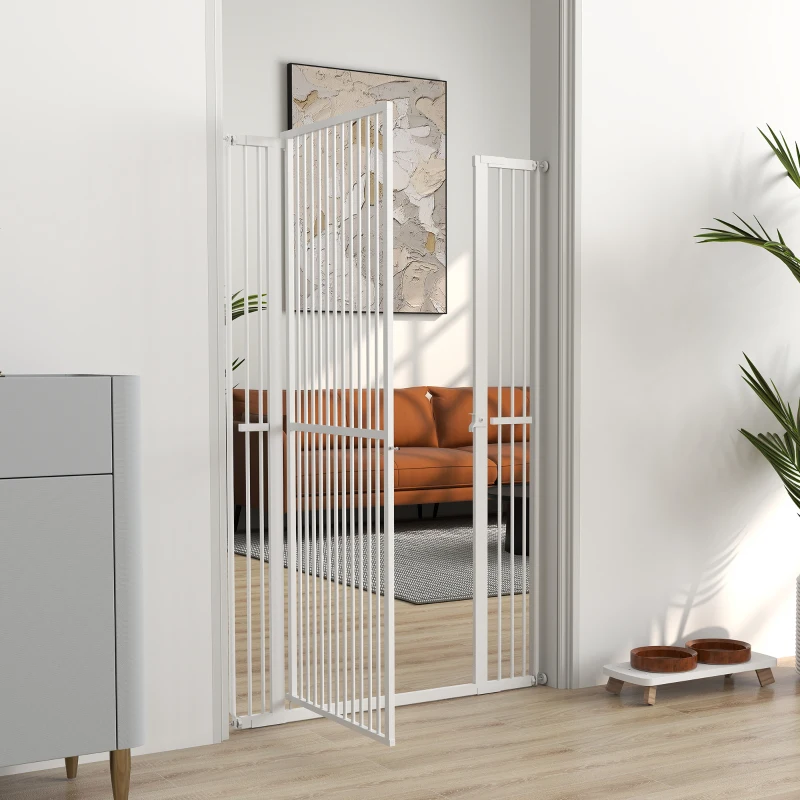 PawHut Barrera para Perros Extra Alta con Ancho Ajustable 77-104 cm Puerta para Perros con Extensiones y Puerta de Paso Blanco
