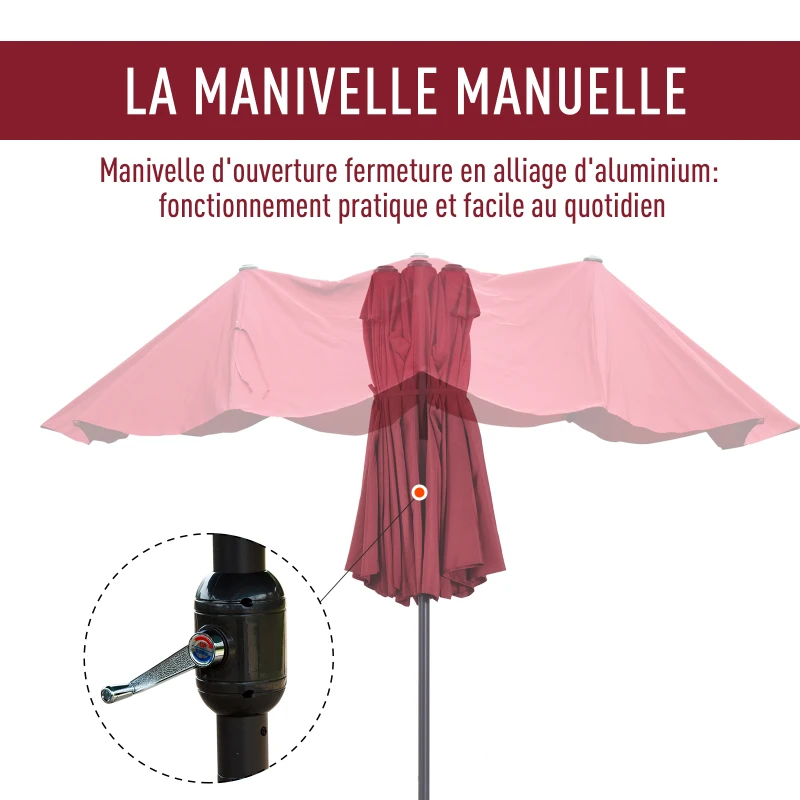 Outsunny Parasol de jardin exterieur parasol double rectangulaire 4,6L x 2,7l x 2,4H m avec ouverture fermeture manivelle, cadre en acier, toile 180 g/m², parasol pour balcon, piscine, bordeaux