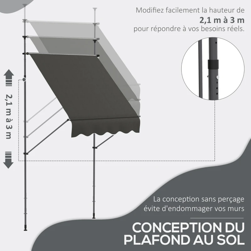 Outsunny Store banne autoportant manuel rétractable 1,5L x 1,2l x 2,1-3H m inclinaison réglable métal alu polyester gris foncé