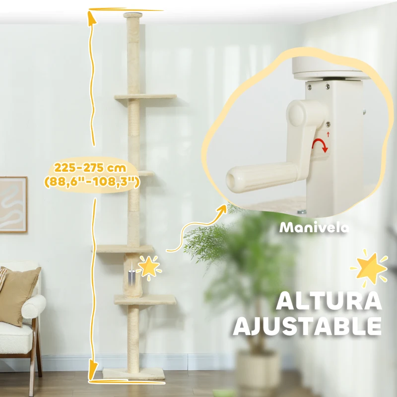 PawHut Árbol para Gatos de Suelo a Techo 225-275 cm Torre para Gatos con Múltiples Plataformas Sistema de Antivuelco Crema