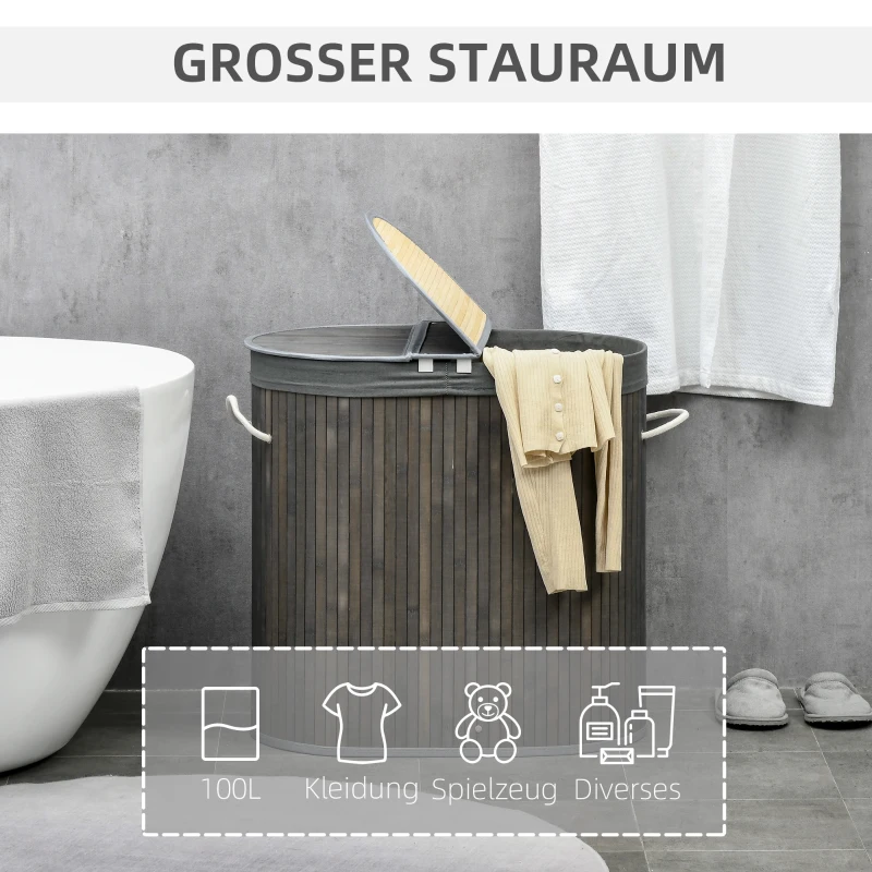 HOMCOM 100 L Wäschekorb mit Deckel, Griff, 2 Abschnitte, herausnehmbarer Wäschesack, für Schlafzimmer, Badezimmer, Bambus, Grau
