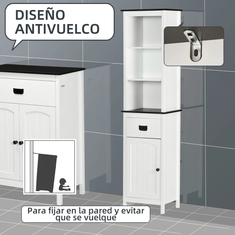 kleankin Columna de Baño con 3 Estantes de Almacenaje Puerta y Cajón para Ducha Aseo Dormitorio 40x30x160 cm Blanco