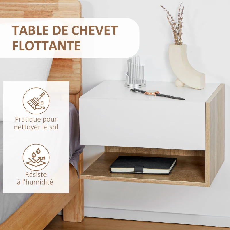 HOMCOM Lot de 2 Tables de Chevet murales - Lot de 2 Tables de Nuit - tiroir Coulissant, étagère, Bicolore Aspect chêne Blanc