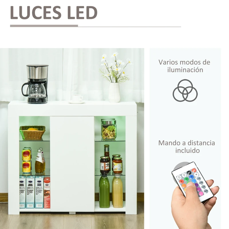HOMCOM Aparador Moderno con Luces LED Mueble Buffet con 1 Puerta de Alto Brillo Cierre a Presión Estantes Ajustables y Control Remoto 97x35x83 cm Blanco