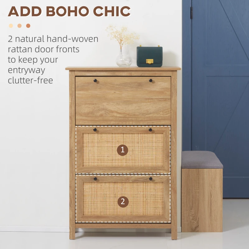 HOMCOM Shoe Cabinet Shoe Shelf Shoe Cabinet 3 Folding Doors with Rattan Cane Effect - Natural Wood