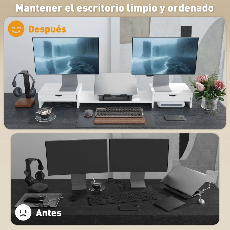 HOMCOM Elevador Monitor Ángulo y Longitud Ajustable con 2 Cajones para Portátil Computadora PC 60-116x22x12 cm Blanco