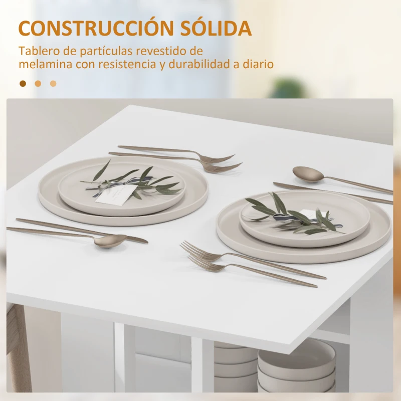 HOMCOM Mesa de Cocina Plegable con Alas Abatibles 2 Ruedas y Estantes Estilo Moderno 120x60x75 cm Blanco