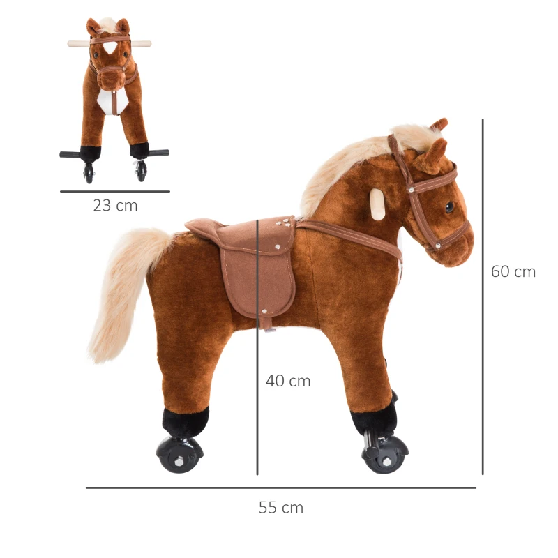 HOMCOM Jouet cheval pour enfant de +24 mois avec 4 roulettes, effet sonore, repose-pieds et guidon, 55x23x60 cm Marron(m-3)