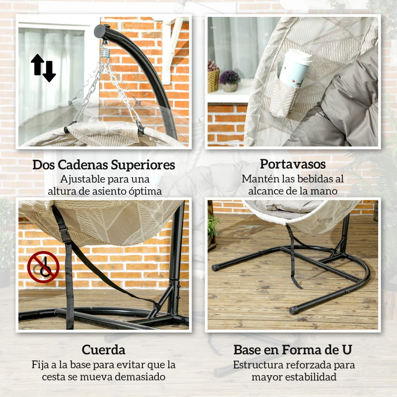 Outsunny Silla Colgante con Soporte Cesta Plegable de Malla Doble Cojín para Interior y Exterior Carga 120 kg Arena y Negro