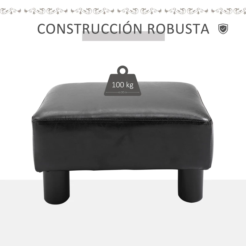HOMCOM Reposapiés para Sofá Taburete Pequeño Tapizado en Piel Sintética Asiento de Espuma y Patas de Plástico 40x30x24 cm Negro