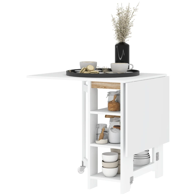 HOMCOM Mesa de Cocina Plegable con Alas Abatibles 2 Ruedas y Estantes Estilo Moderno 120x60x75 cm Blanco
