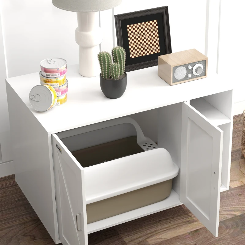 PawHut Mueble Arenero Caja de Arena para Gatos con Almohadilla para Rascar y Compartimento de Almacenaje 80x50x61 cm Blanco