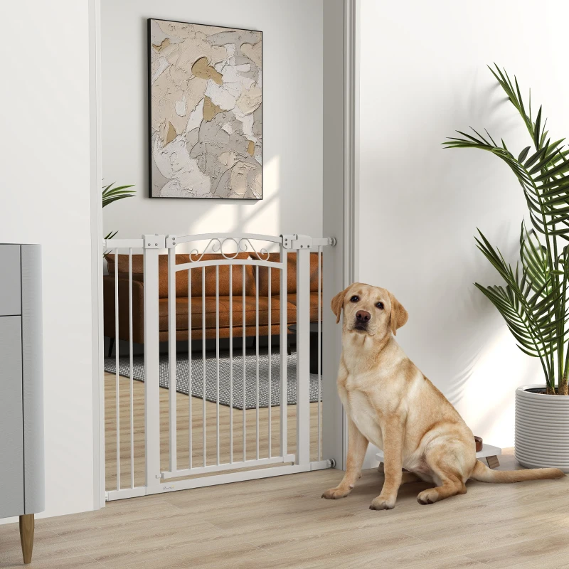 PawHut Puerta para Perros con Ancho Ajustable 76-104 cm Barrera de Seguridad con 2 Extensiones y Doble Bloqueo Blanco