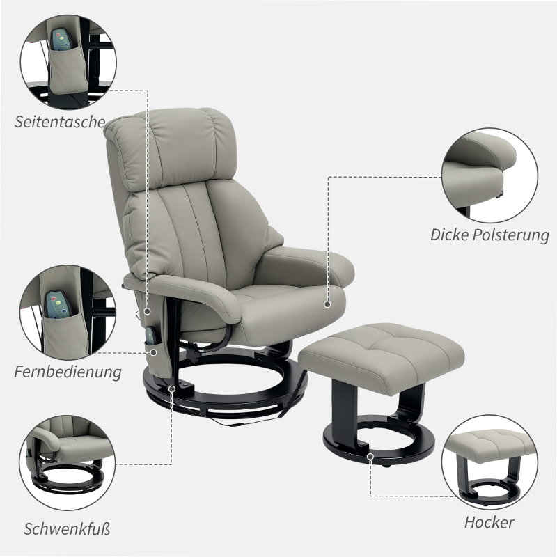 HOMCOM Relaxsessel Massagefunktion Fernsehsessel mit Seitentasche, Kunstleder, Grau(m-6)