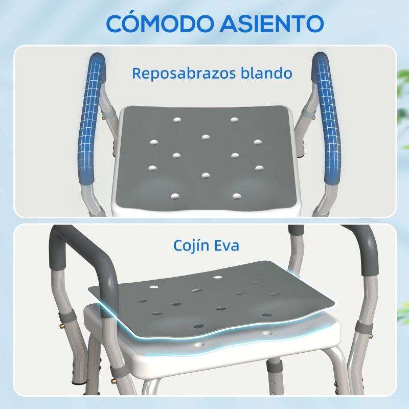 HOMCOM Taburete de ducha con Altura Ajustable para Personas Mayores o con Movilidad Reducida 52x45x69 cm Asiento Blanco y Gris