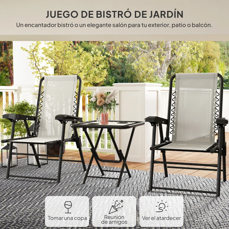 Outsunny Conjunto de Jardín 3 Piezas Plegable con 2 Sillas 61x65x91cm y Mesa de 50x50x50cm Metal y Textilene para Exterior Crema