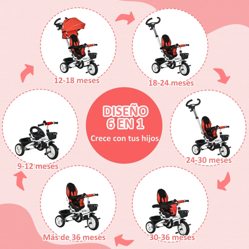 HOMCOM Triciclo para Bebés Plegable Triciclo Evolutivo 2 en 1 para Niños con Toldo Plegable Cestas y Cinturón de Seguridad Rojo
