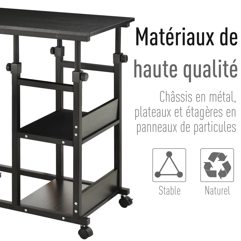 HOMCOM Table d'appoint Bout de canapé Table roulante Table de Lit pour Ordinateur Portable Hauteur réglable - 2 étagères intégrées - cadre métal Noir