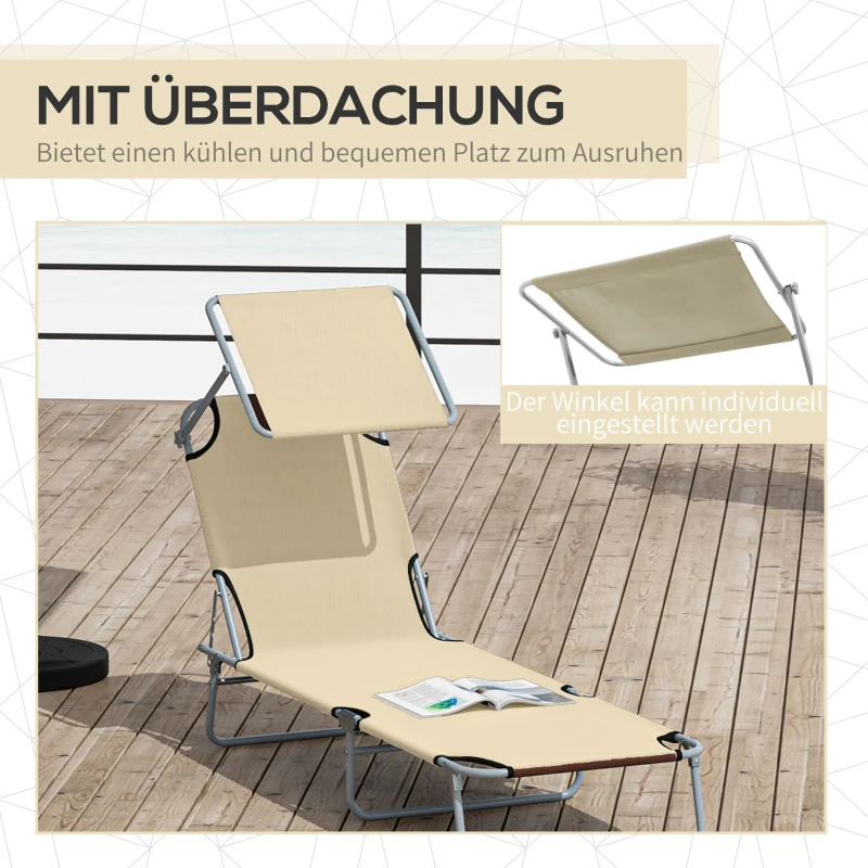 Outsunny Sonnenliege klappbar Gartenliege mit Dach, Liegestuhl mit 4-Fach verstellbare Rückenlehne, wetterfeste Campingliege bis 120 kg belastbar, für Garten Strand Pool, Beige