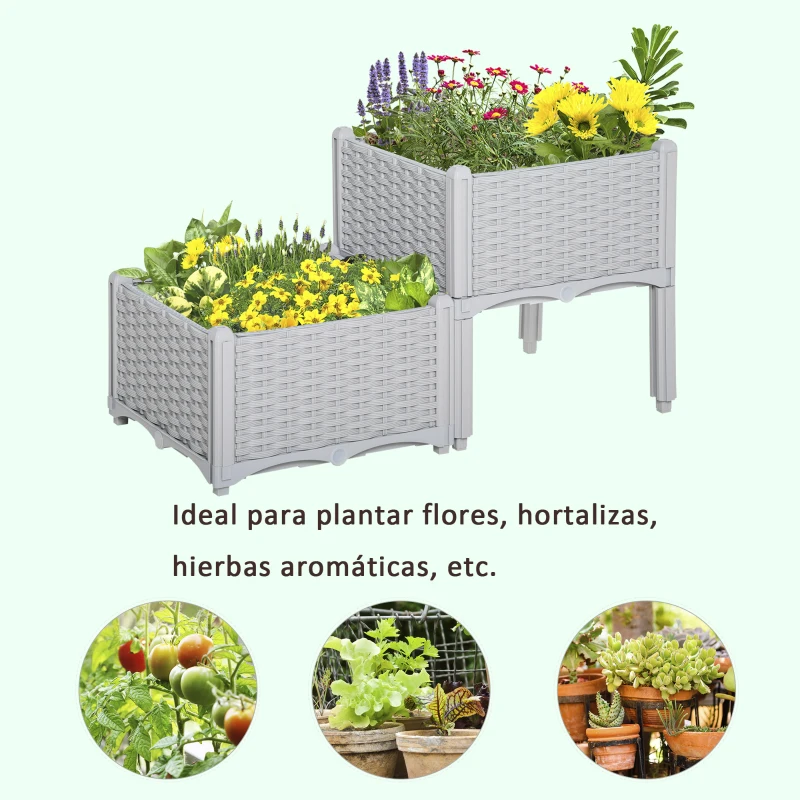 Outsunny Juego de 2 Jardineras de Exterior Cuadradas Imitación a Mimbre Combinación Libre para Jardín Patio 40x40x26/44 cm Gris