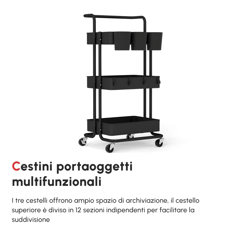 HOMCOM Carrello Cucina Multiuso a 3 Livelli con Cestini e Ganci Rimovibili, Ripiano con 12 Divisori, Nero